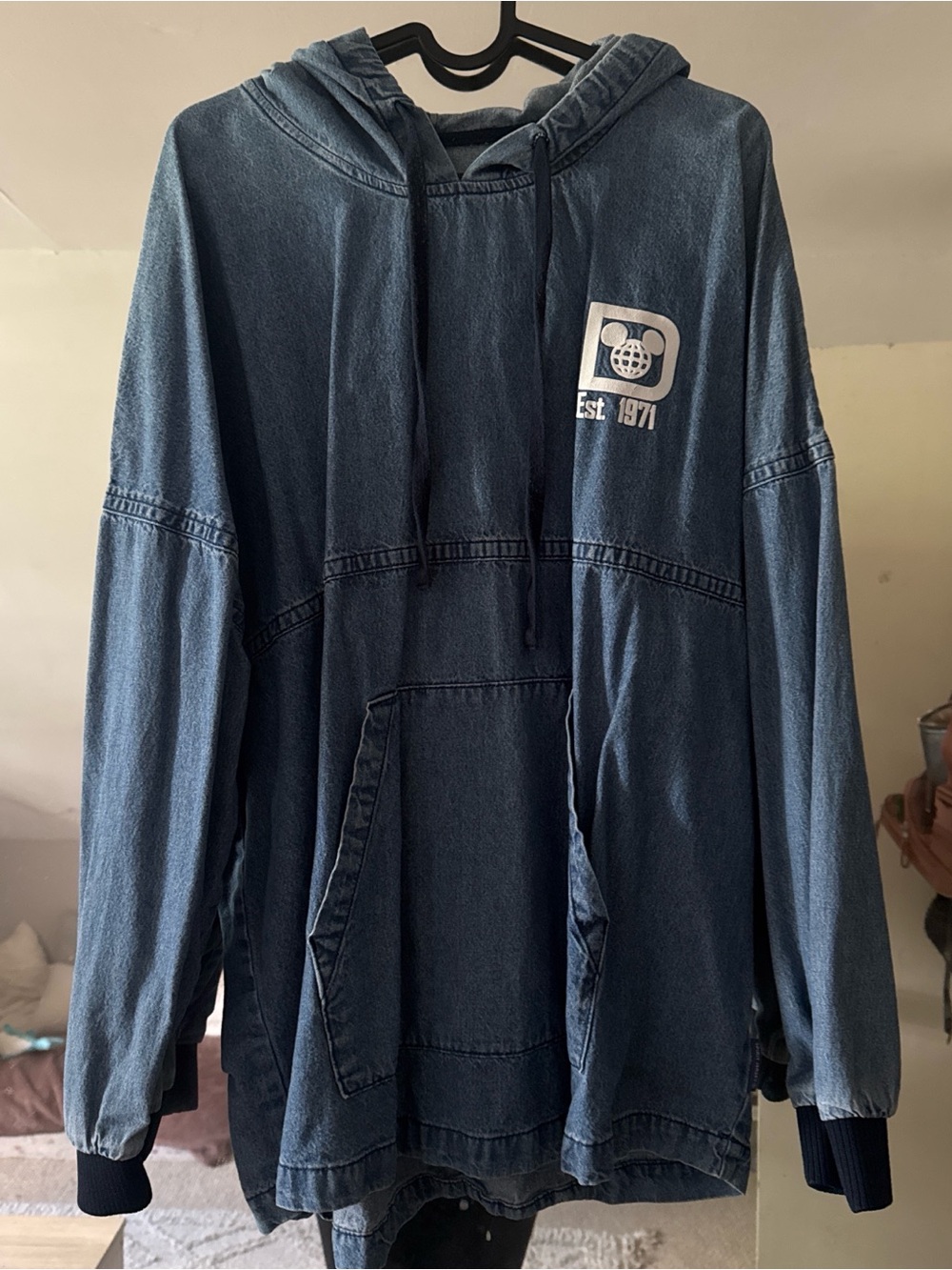 Denim-Look Hooded Pullover with Logo